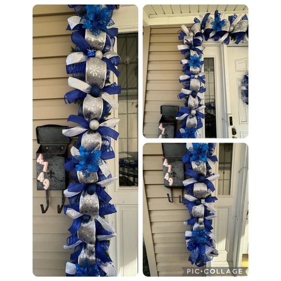 Blue and Silver Wreath & Christmas Garland Holiday Home Decor, Front Door Hanger - Picture 6 of 11